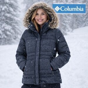 Hardly Worn! Columbia Down Gray Puffer Jacket Detachable Faux Fur Hood Size Med